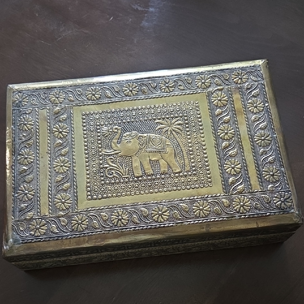 Gold Colored Decorative Box with Elephant Design